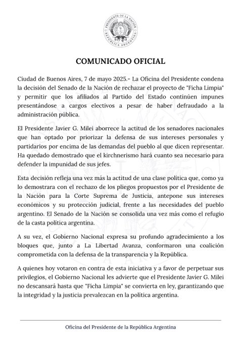 El enojo de Milei: Aborrezco el accionar de los Senadores Nacionales