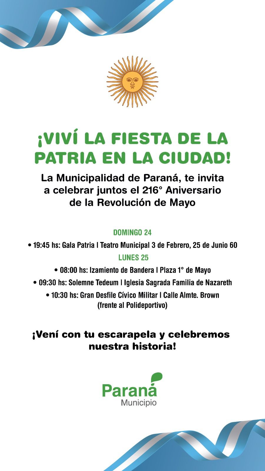 Con distintas actividades Paraná conmemora el 216° aniversario de la Revolución de Mayo