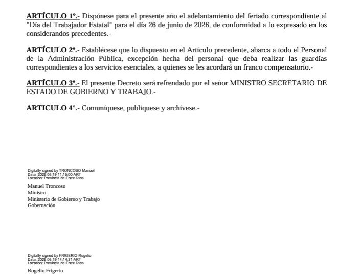El Gobierno entrerriano adelantó el feriado por el Día del Trabajador Estatal