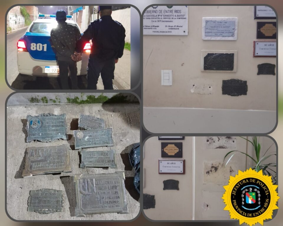 Detuvieron a un hombre tras robar siete placas de bronce de la Escuela Bavio